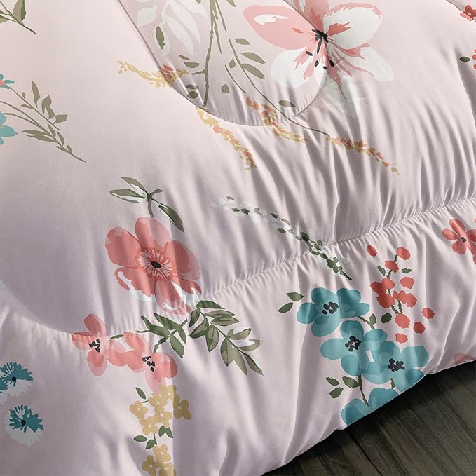 Floral Comforter Full Size,Pink Floral Kids Comforter Set,3Pcs Bedding Set Printed Comforter with 2 Pillowcases,Down Alternative,Soft and Lightweight,for All Seasons - LeafyLoom