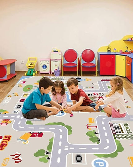 kid rug carpet playmat for toy cars and trains,road traffic kids play area rug,city Life town play Mat for Playroom Bedroom Boys,Children's Educational Fun Throw Rug with Rubber Backing 71X106IN - LeafyLoom