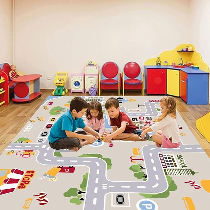 kid rug carpet playmat for toy cars and trains,road traffic kids play area rug,city Life town play Mat for Playroom Bedroom Boys,Children's Educational Fun Throw Rug with Rubber Backing 31X47IN - LeafyLoom