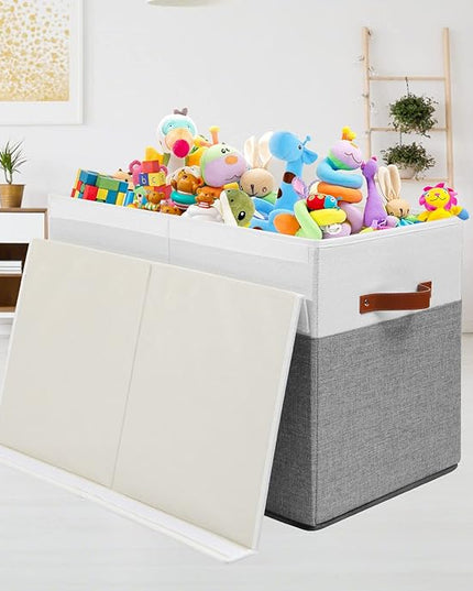 Large Toy Storage Box with Lid, Sturdy Toys Storage Chest Bin Organizer Basket with Dividers for Kids, Boys, Girls, Nursery, Closet, Bedroom, Playroom 25"x13" x16" (Grey and White) - LeafyLoom