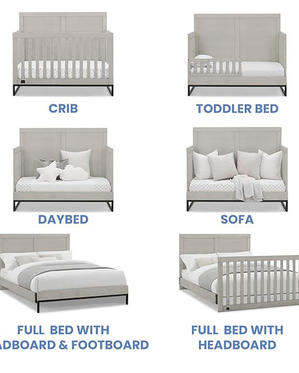 Simmons Kids Foundry 6-in-1 Convertible Baby Crib, Rustic Mist with Matte Black + Quiet Nights Breathable Crib Mattress with Removable/Machine Washable Cover (Bundle) - LeafyLoom