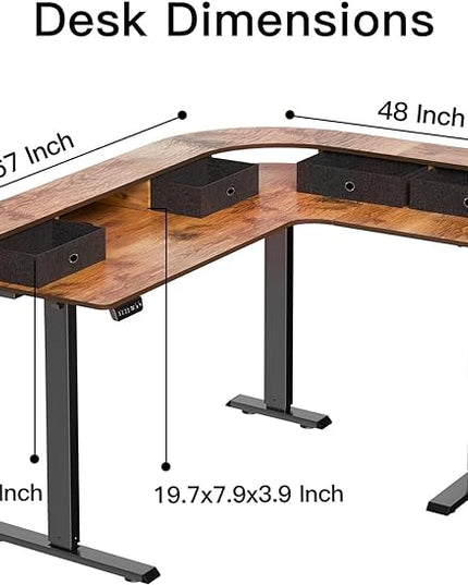 67 Inch L Shaped Electric Standing Desk with 4 Drawers, Height Adjustable Corner Desk with Monitor Stand for Home Office, Rustic Brown - LeafyLoom