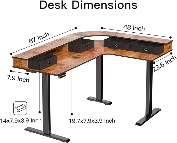 67 Inch L Shaped Electric Standing Desk with 4 Drawers, Height Adjustable Corner Desk with Monitor Stand for Home Office, Rustic Brown - LeafyLoom