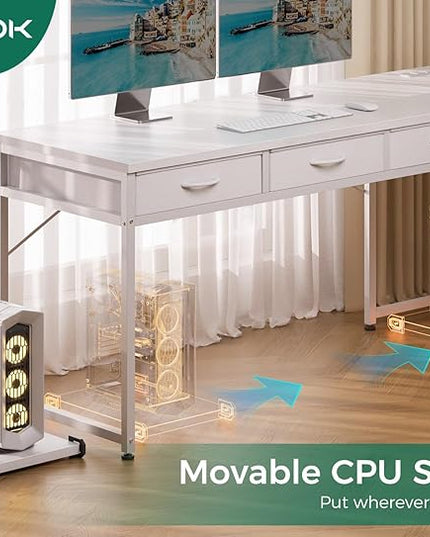 AODK 53 Inch L Shaped Computer Desk with Drawers, Corner Desk with Power Outlets & Reversible Storage Shelves, Movable CPU Stand for Home Office Gaming, White - LeafyLoom