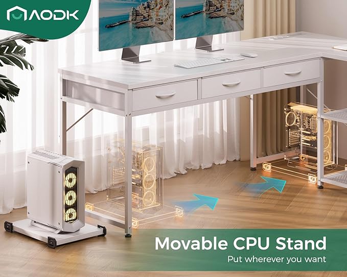 AODK 53 Inch L Shaped Computer Desk with Drawers, Corner Desk with Power Outlets & Reversible Storage Shelves, Movable CPU Stand for Home Office Gaming, White - LeafyLoom