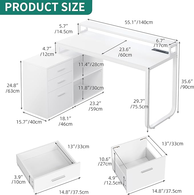 YITAHOME L Shaped Desk with Drawers, 55" Corner Computer Desk with Power Outlets, L-Shaped Desk with LED Lights & File Cabinet for Home Office, White - LeafyLoom