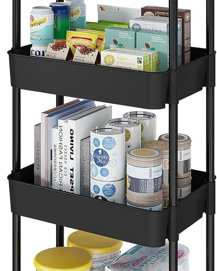 4-Tier Storage Cart,Multifunction Utility Rolling Cart Kitchen Storage Organizer,Mobile Shelving Unit Cart with Lockable Wheels for Bathroom,Laundry,Living Room,With Classified Stickers,Black - LeafyLoom