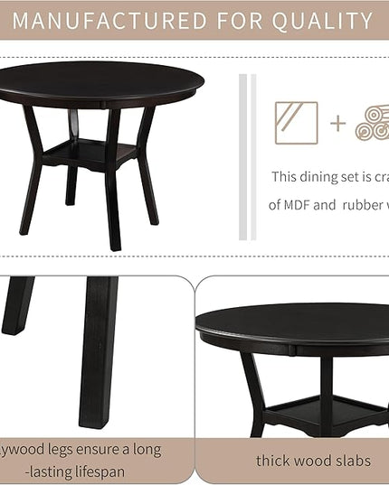 5-Piece Kitchen Dining Set, Include Round Wooden-table with Bottom Shelf and 4 Upholstered Chairs, for Diningroom, Living Room, Dinette, Family Breakfast, Dark Brown+Beige - LeafyLoom