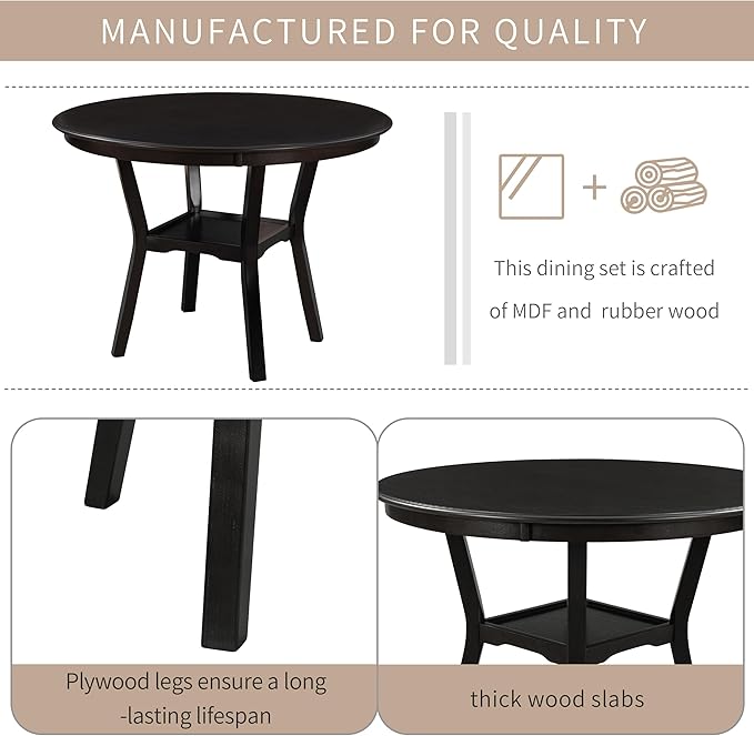 5-Piece Kitchen Dining Set, Include Round Wooden-table with Bottom Shelf and 4 Upholstered Chairs, for Diningroom, Living Room, Dinette, Family Breakfast, Dark Brown+Beige - LeafyLoom