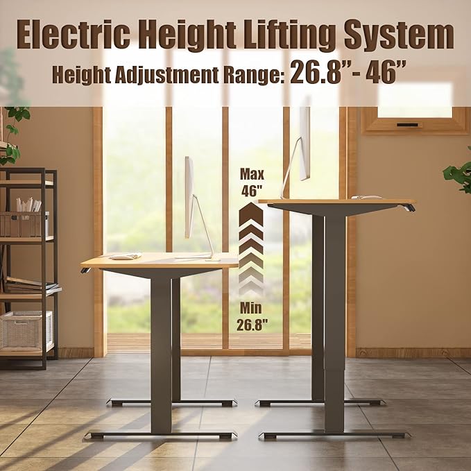 Height Adjustable Electric Standing Desk, 48 x 24 Inches Sit Stand up Desk, Home Office Desk with Whole-Piece Desktop, Maple Desktop/Black Frame - LeafyLoom
