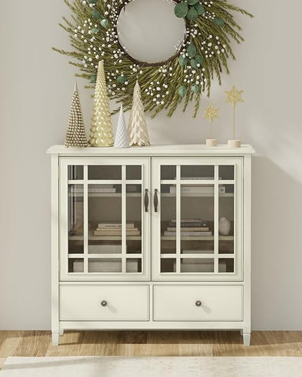 SIMPLIHOME Connaught Low Storage Cabinet, 46 inch, Antique White - LeafyLoom