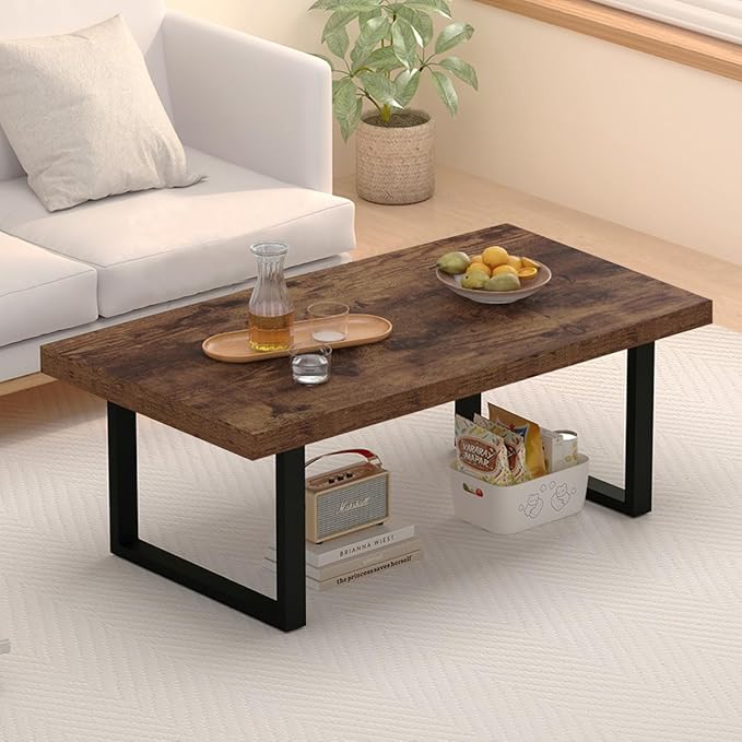 IBF Rustic Coffee Table, Industrial Simple Wooden Living Room Table, Modern Minimalist Farmhouse Rectangle Center Table, Wood and Metal Vintage Tea Coffee Table for Home Bedroom, Rustic Brown, 39 Inch - LeafyLoom