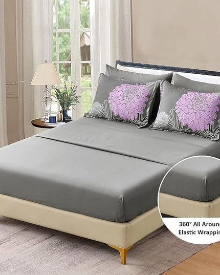 Yiran King Size Comforter Set Grey Purple Comforter Floral Bedding Comforter Set 7 Pieces Soft Microfiber Bed Set for All Seasons 103"×90" - LeafyLoom