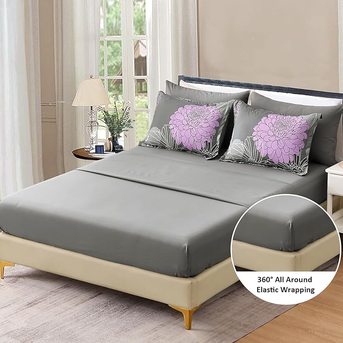 Yiran King Size Comforter Set Grey Purple Comforter Floral Bedding Comforter Set 7 Pieces Soft Microfiber Bed Set for All Seasons 103"×90" - LeafyLoom