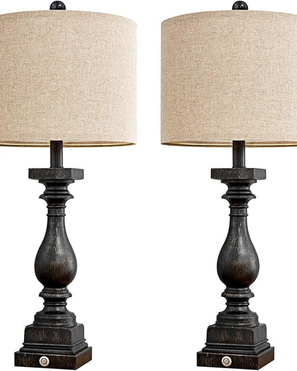 BOBOMOMO Retro 27" USB Charging Ports A/C 3 Way Dimmable Touch Control Black Farmhouse Lamps for Bedrooms Retro Side Table Lamps Set of 2 Bedside Lamp for Side Nightstand Living Room(Bulb Included) - LeafyLoom