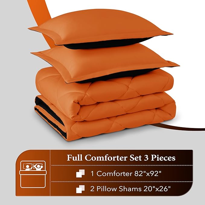 downluxe Full Size Comforter Set - Orange and Black Full Comforter - Soft Bedding Sets for All Seasons -3 Pieces Comforter Set Full with 2 Reversible Pillow Shams - LeafyLoom