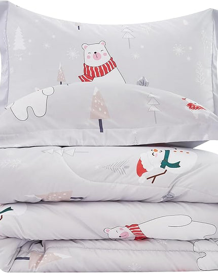 Kids Christmas Comforter Set Twin for Boys Girls, Cute Reversible Quilted Bear Snowmen Reindeer Bunny Printed Bedding Set with Pillow Sham, Lightweight Soft Breathable Washable Bed Set 2 Piece - LeafyLoom