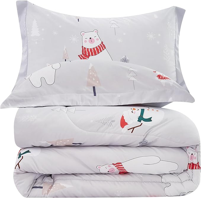 Kids Christmas Comforter Set Twin for Boys Girls, Cute Reversible Quilted Bear Snowmen Reindeer Bunny Printed Bedding Set with Pillow Sham, Lightweight Soft Breathable Washable Bed Set 2 Piece - LeafyLoom