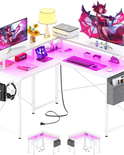 armocity L Shaped Computer Desk with Power Outlets, 40 Inch Small Gaming Desk L Shaped with LED Lights, Corner L Desk with Storage Shelves for Bedroom, Small Spaces, White - LeafyLoom