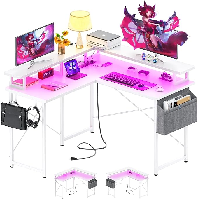 armocity L Shaped Computer Desk with Power Outlets, 40 Inch Small Gaming Desk L Shaped with LED Lights, Corner L Desk with Storage Shelves for Bedroom, Small Spaces, White - LeafyLoom