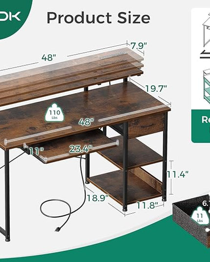 AODK Computer Desk with Keyboard Tray, 48 Inch Office Desk with Power Outlet, Work Desk with Drawer, Reversible Desk with Adjustable Monitor Shelf and Storage Shelf for Home, Rustic Brown - LeafyLoom