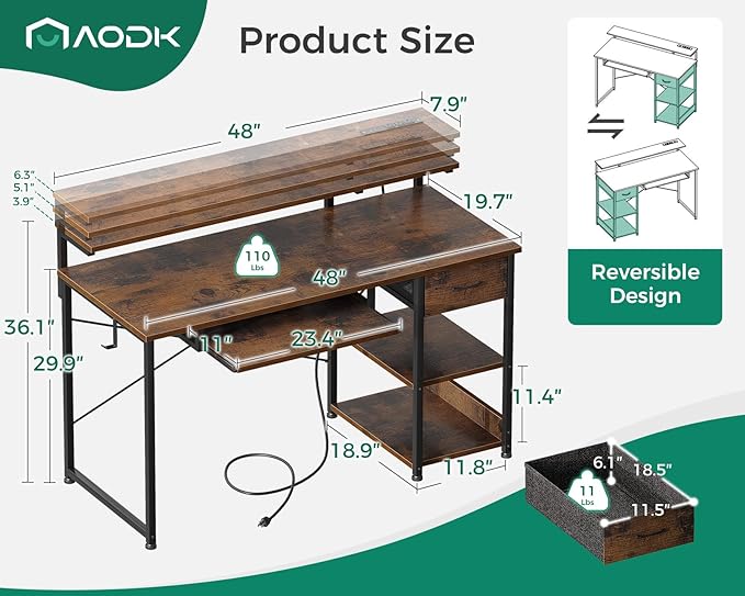AODK Computer Desk with Keyboard Tray, 48 Inch Office Desk with Power Outlet, Work Desk with Drawer, Reversible Desk with Adjustable Monitor Shelf and Storage Shelf for Home, Rustic Brown - LeafyLoom