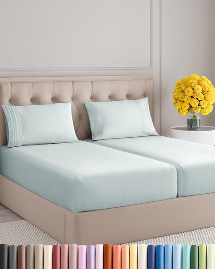 Split King Size 5 Piece Sheet Set - Comfy Breathable & Cooling Sheets - Hotel Luxury Bed Sheets for Women & Men - Deep Pockets, Easy-Fit, Soft & Wrinkle Free Sheets - Ice Blue Oeko-Tex Bed Sheet Set - LeafyLoom