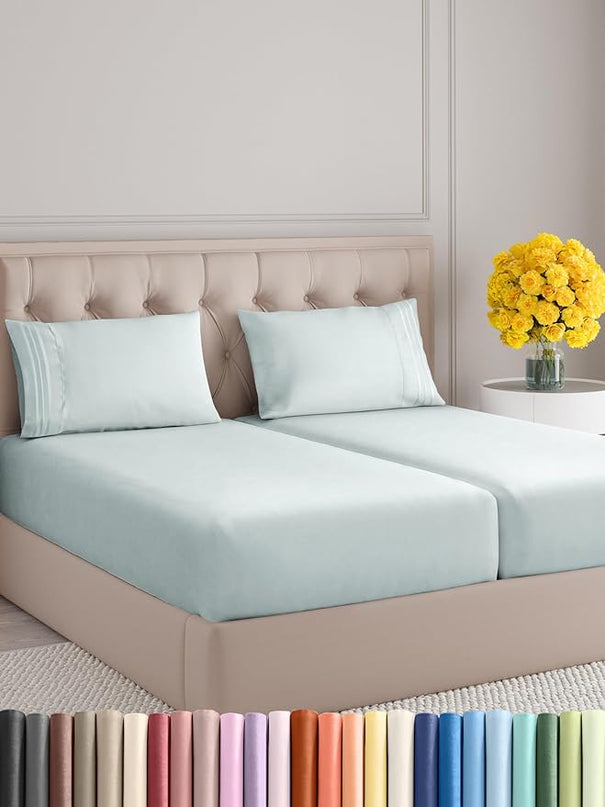 Split King Size 5 Piece Sheet Set - Comfy Breathable & Cooling Sheets - Hotel Luxury Bed Sheets for Women & Men - Deep Pockets, Easy-Fit, Soft & Wrinkle Free Sheets - Ice Blue Oeko-Tex Bed Sheet Set - LeafyLoom