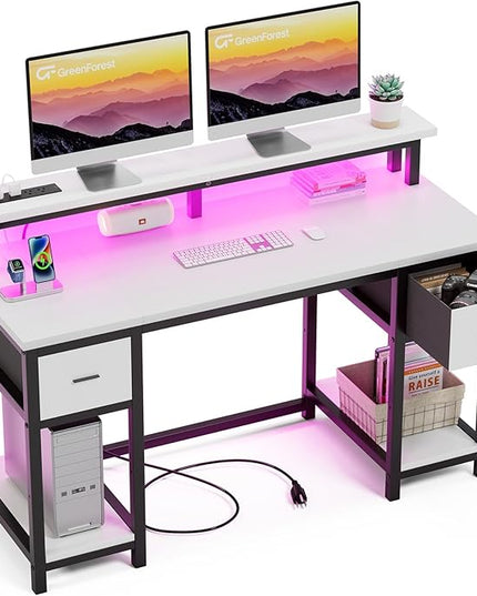 GreenForest Computer Desk with 2 Drawers and Power Outlets,50 Inch Office Desk with 2 Monitor Stands and Fabric File Cabinet, Reversible Gaming table with Led Lights and Shelves, Work Desk, White - LeafyLoom