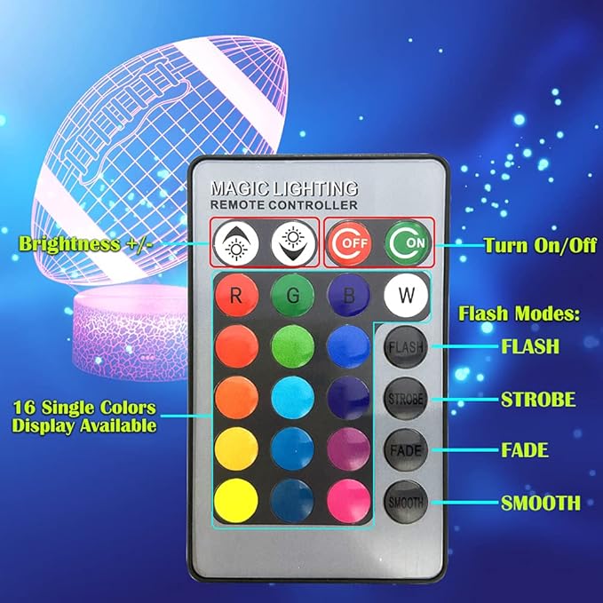 Football Night Light, 3D Illusion Lamp Football Lights for Kids Room, 16 Colors & Flashing Modes with Remote Control Opreated Dimmable Christmas Birthday Gifts for Boys Girls Kids Children Teen - LeafyLoom