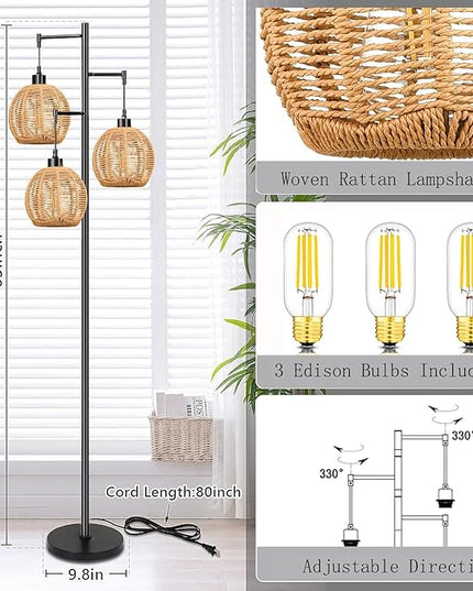 Floor Lamp for Living Room,Bedroom,Boho Rattan Floor Lights,Tree 3 Bulb Standing Lamp Farmhouse Industrial Black Tall Lamp,Wicker Bamboo Lamp Shade Flower Floor Lamps Bohemian Decor - LeafyLoom
