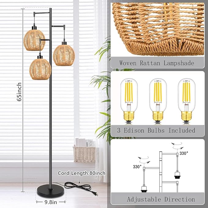 Floor Lamp for Living Room,Bedroom,Boho Rattan Floor Lights,Tree 3 Bulb Standing Lamp Farmhouse Industrial Black Tall Lamp,Wicker Bamboo Lamp Shade Flower Floor Lamps Bohemian Decor - LeafyLoom