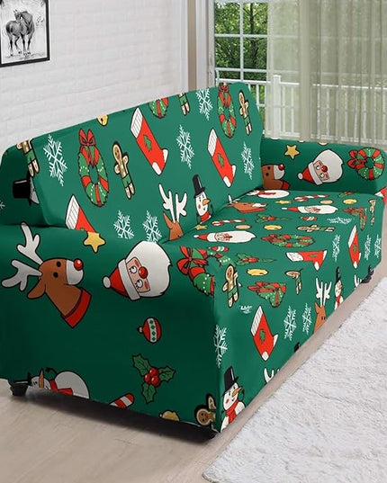 FKELYI Christmas Decorations Green Sofa Slipcover Santa Claus Stretch Sofa Couch Cover for Indoor Washable Furniture Protector with Elastic Bottom XL FKELYI