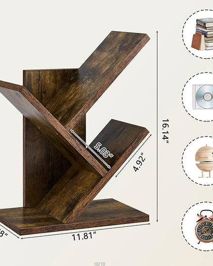 Tajsoon Tree Bookshelf 3 Tier Book Storage Organizer Shelves, Desktop Bookshelf Floor Standing Bookcase Display for CDs/Magazine/Books, Small Bookshelf for Bedroom, Living Room Office, Rustic Brown - LeafyLoom