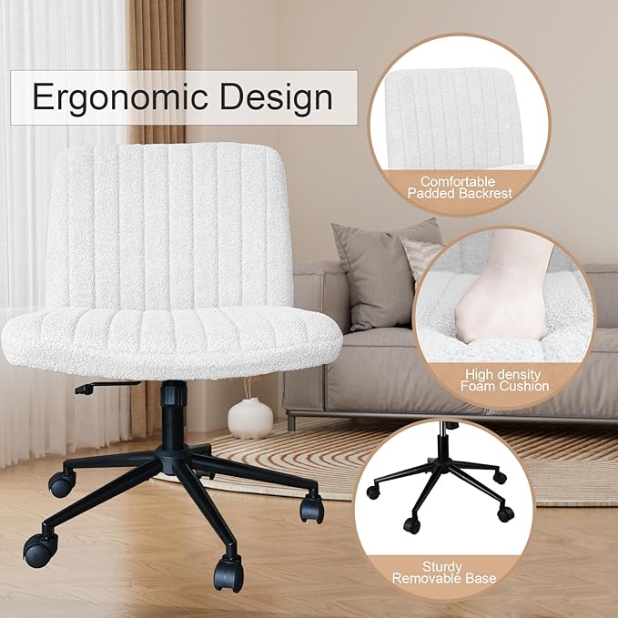 Armless Office Desk Chair with Wheels, Modern Swivel Computer Task Chair Comfortable Adjustable Wide Seat Vanity Chair for Home, Bedroom, Make Up(White) - LeafyLoom