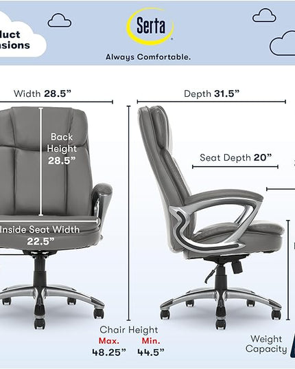 Serta Fairbanks Big and Tall High Back Executive Office Ergonomic Gaming Computer Chair with Layered Body Pillows, Contoured Lumbar Zone, Gray - LeafyLoom
