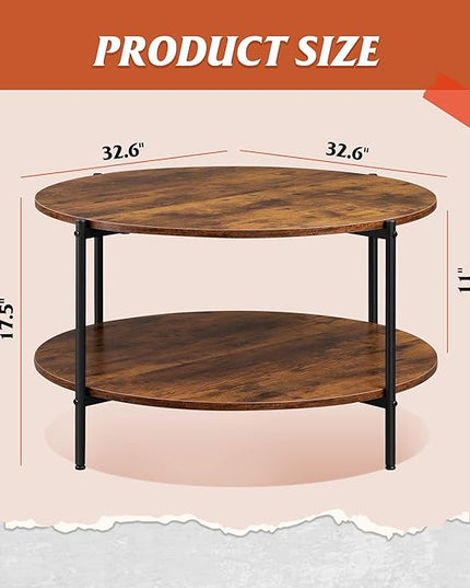 WLIVE Round Coffee Table, Rustic 2-Tier Circle Coffee Table with Open Storage Shelf, Industrial 32.6" Wood Round Center Table for Living Room, Bedroom, Home Office, Rustic Brown - LeafyLoom
