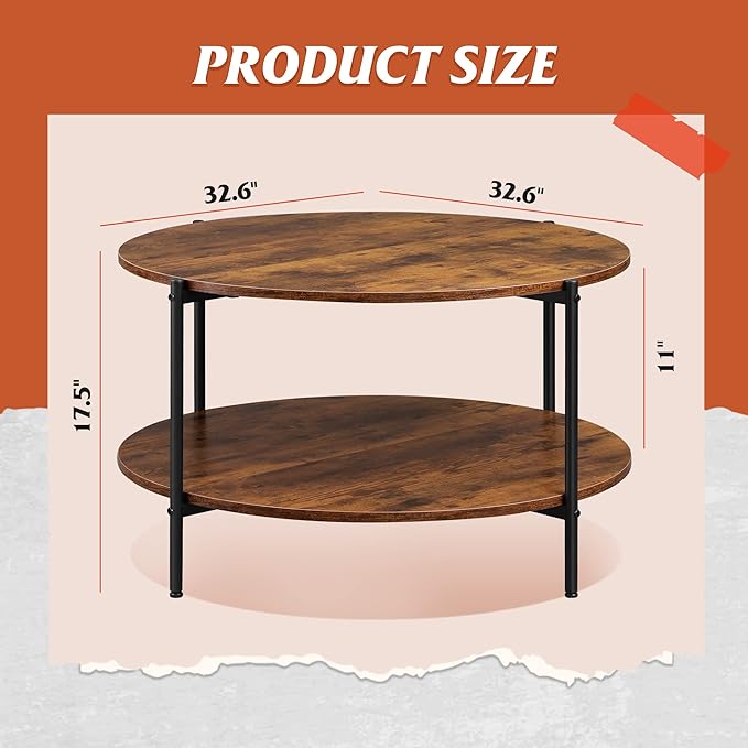 WLIVE Round Coffee Table, Rustic 2-Tier Circle Coffee Table with Open Storage Shelf, Industrial 32.6" Wood Round Center Table for Living Room, Bedroom, Home Office, Rustic Brown - LeafyLoom