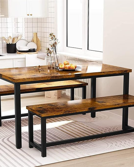 DKLGG 3-Pieces Dining Table Set with 2 Benches, Dining Table Set for 4, Wood Kitchen Table and Chairs Sets w/Metal Frame, Dining Sets for Small Spaces Kitchen Dining Room Restaurants (Rustic Brown) - LeafyLoom