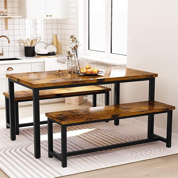 DKLGG 3-Pieces Dining Table Set with 2 Benches, Dining Table Set for 4, Wood Kitchen Table and Chairs Sets w/Metal Frame, Dining Sets for Small Spaces Kitchen Dining Room Restaurants (Rustic Brown) - LeafyLoom