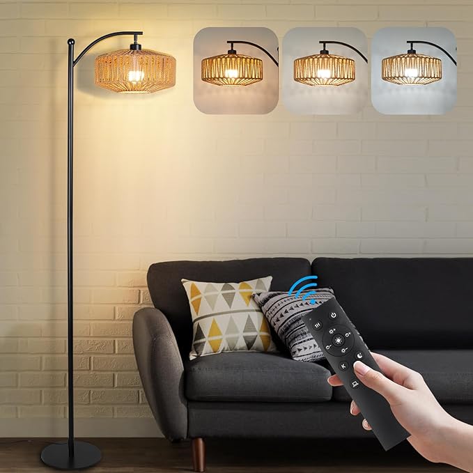 Floor Lamp with Remote, Rope Standing Lamps with LED Bulb, Boho Farmhouse Tall Pole Lamp with 3 Color Temperatures, Modern Black Floor Lamp for Living Room Bedroom Office Study - LeafyLoom