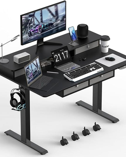 48 * 30 Inches Electric Standing Widened Desk Adjustable Height with 4 Drawers, Double Storage Shelves Stand Up Desk, Home Office Workstation Sit Stand up Desk (Classical Black) - LeafyLoom