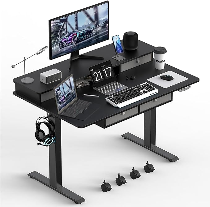 48 * 30 Inches Electric Standing Widened Desk Adjustable Height with 4 Drawers, Double Storage Shelves Stand Up Desk, Home Office Workstation Sit Stand up Desk (Classical Black) - LeafyLoom