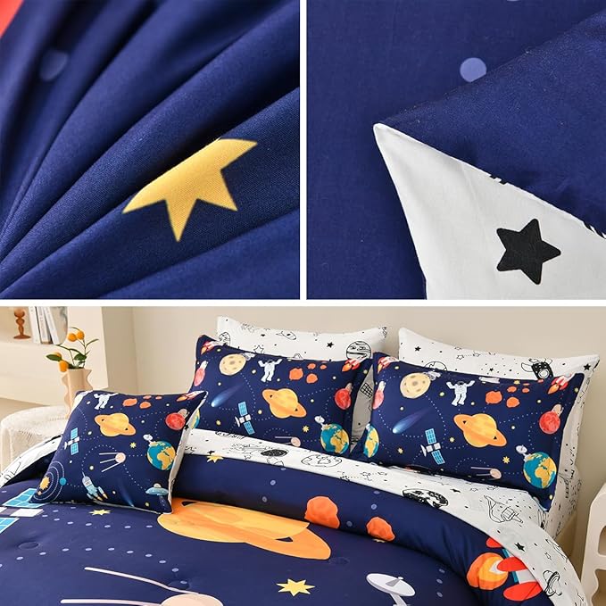 8 Piece Kid Comforter Set Twin Size Bed in a Bag, Space Rocket Bedding Set for Teen Boys Girls - LeafyLoom