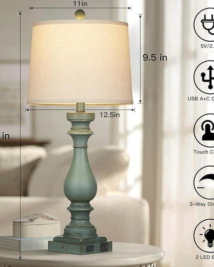 29" Tall Table Lamp for living room set of 2,Vintage Bedside Nightstand Lamps with USB C+A Ports & AC Outlet,3-Way Dimmable Touch Control Retro Green Desk Lamp for Bedroom,color 4 - LeafyLoom