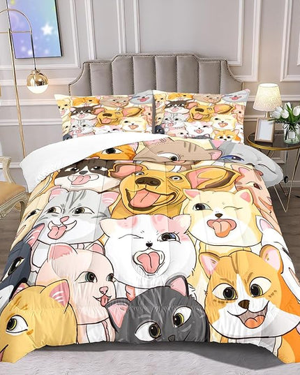 Dogs Comforter Set - Cute Cartoon Puppy Pattern Comforter Set Full Size 3pcs Kitten Dogs Bedding Set Pet Animal Design Kids Room Decor with 1 Comforter and 2 Pillowcases Boys Girls Gift All Season - LeafyLoom