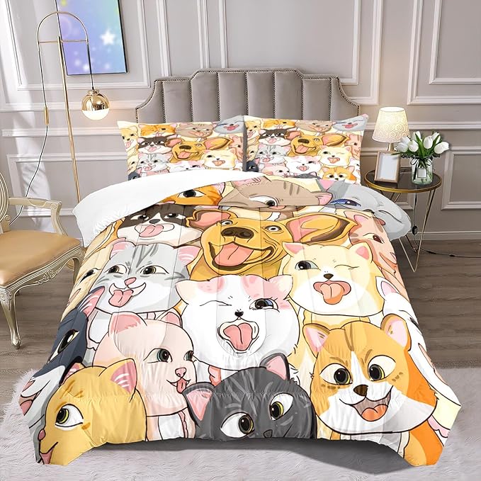Dogs Comforter Set - Cute Cartoon Puppy Pattern Comforter Set Full Size 3pcs Kitten Dogs Bedding Set Pet Animal Design Kids Room Decor with 1 Comforter and 2 Pillowcases Boys Girls Gift All Season - LeafyLoom