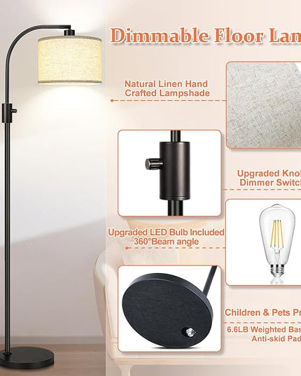 【Upgraded】 Dimmable Floor Lamp, 1200 Lumens LED Edison Bulb Included, Arc Floor Lamps for Living Room Modern Standing Lamp with Linen Shade, Black Tall Lamp for Living Room Bedroom Office Dining Room - LeafyLoom