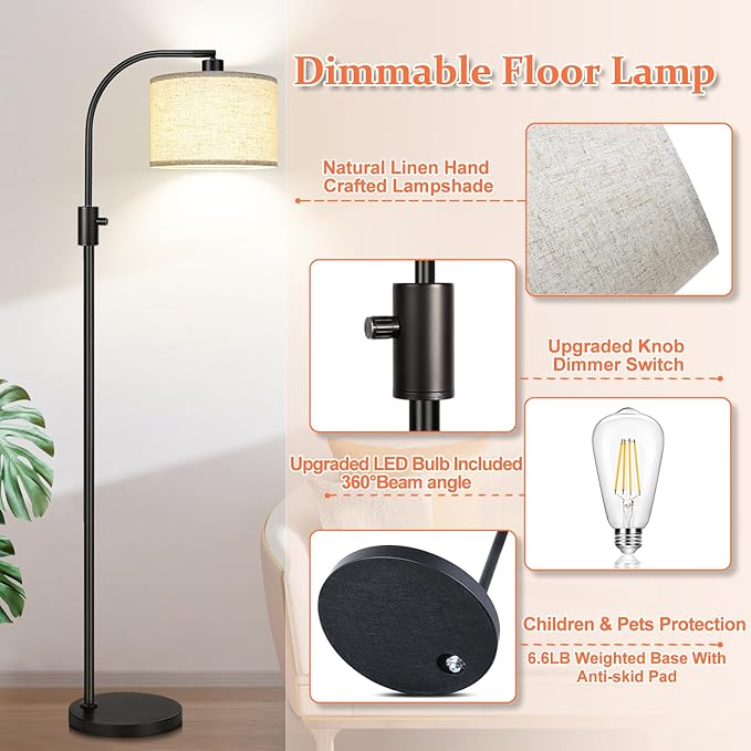 【Upgraded】 Dimmable Floor Lamp, 1200 Lumens LED Edison Bulb Included, Arc Floor Lamps for Living Room Modern Standing Lamp with Linen Shade, Black Tall Lamp for Living Room Bedroom Office Dining Room - LeafyLoom