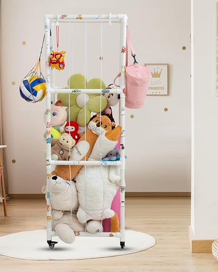 X-Large Plush Stuffed Animal Zoo Cage with Wheels, 67.7'' Stuffed Animal Storage Zoo Holder Standing, Toy Storage Organizer Shelves Basket with Net for Playroom, Bedroom, Nursery - LeafyLoom